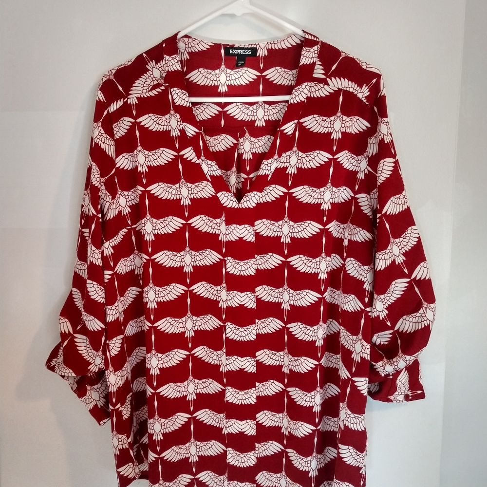 Express Red Bird Print Blouse Sz XL